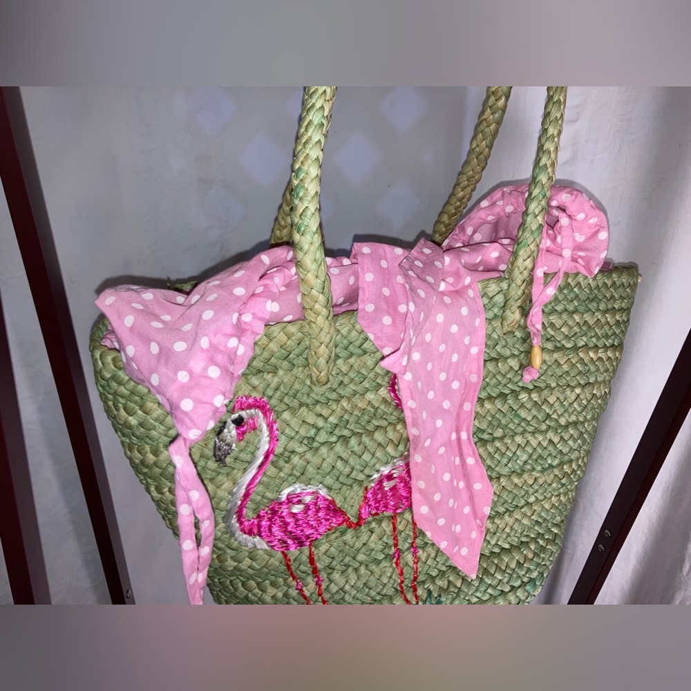 Pink flamingo straw beach bag tote, pink with white polka dot fabric lined - Picture 4 of 4